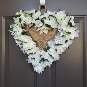 Custom Made White Flowers/Jute Heart Shaped Wreath